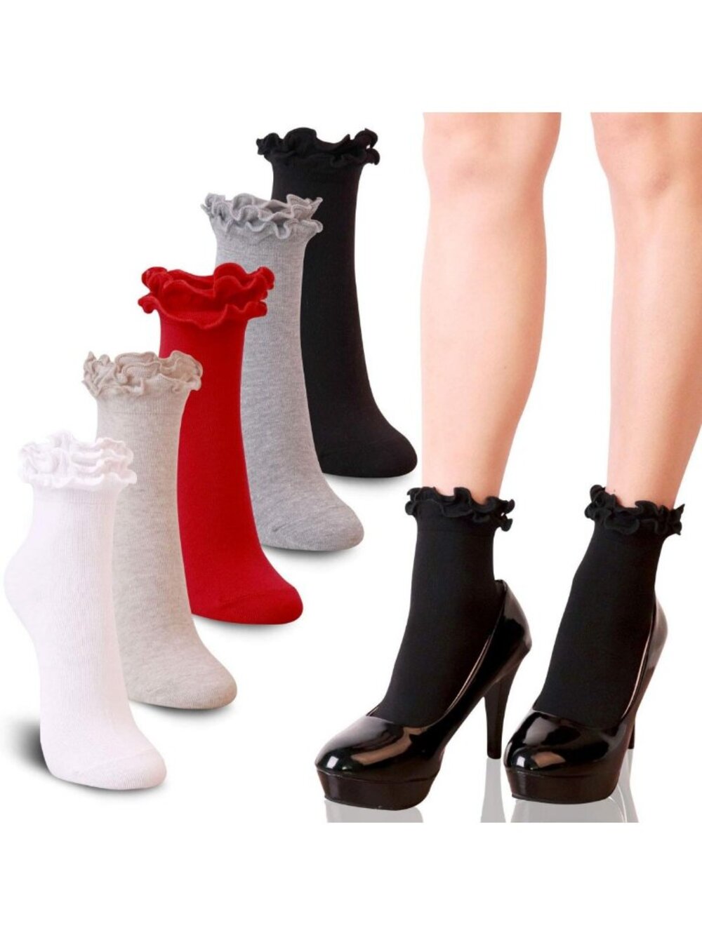 Women's Double Ruffle Frilly Ankle Crew Socks with Lace Trim - 3/5 Pack